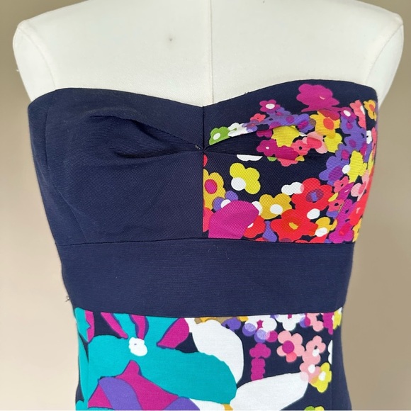 Trina Turk Navy Blue Floral Strapless Dress Women 4 Y2K Flower Hippie Fun Bold - Picture 4 of 9